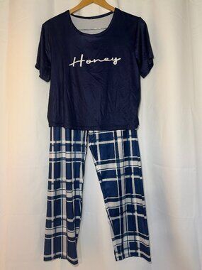 Womens 2 Piece Pajama Set M Navy Honey Plaid Straight Leg Pants Crop T-Shirt NIP